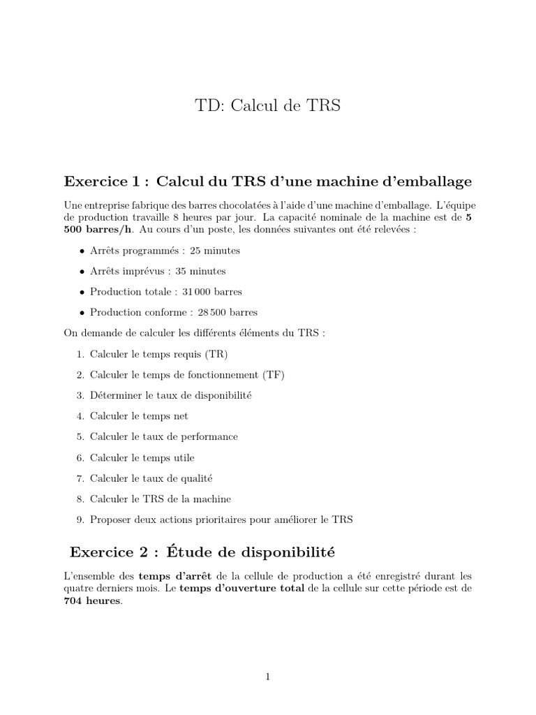 Calcul du TRS et Disponibilité Machine | PDF