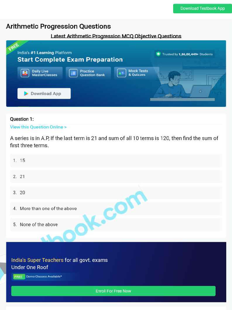 MCQ On Arithmetic Progression 5eea6a1039140f30f369e823 | PDF