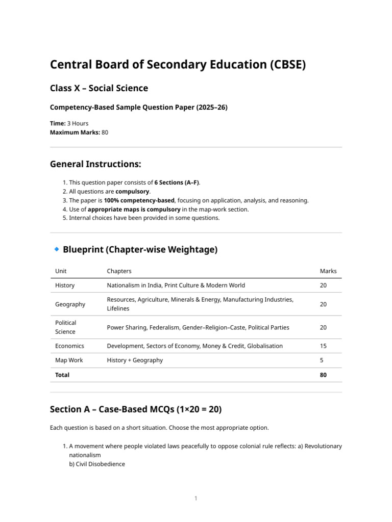 CBSE Class X Social Science Sample Paper | PDF | Economies