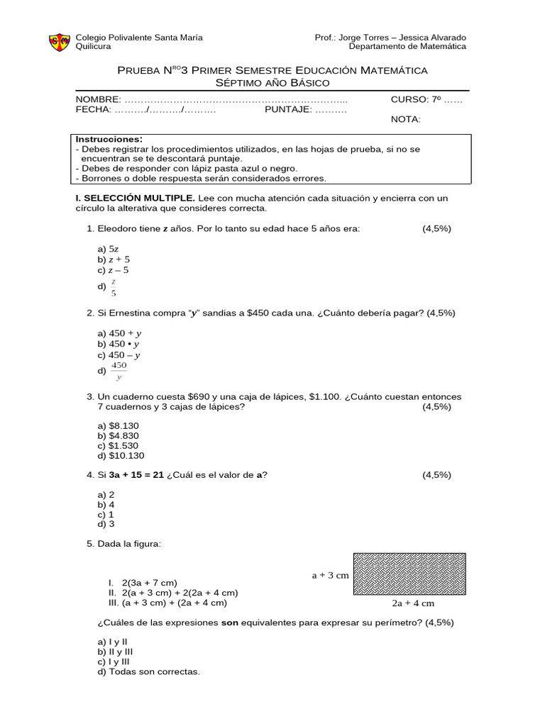 Prueba de Matemáticas 7° Básico RO3 | PDF | Formas geométricas ...