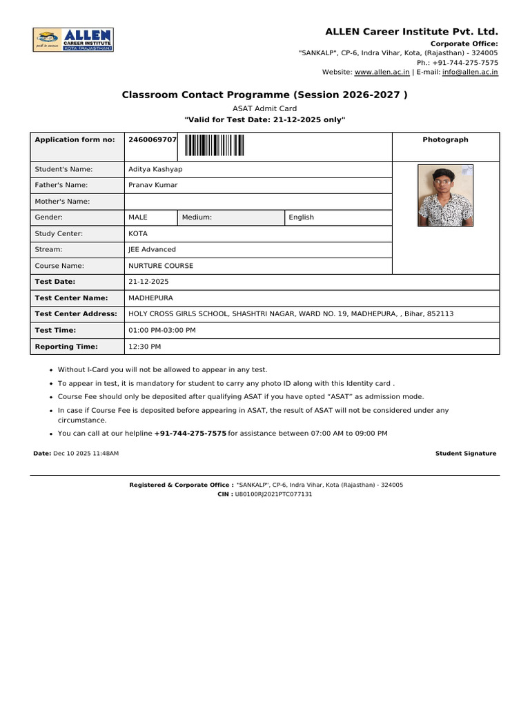 ASAT Admit Card for JEE Nurture Course | PDF | Access Control ...