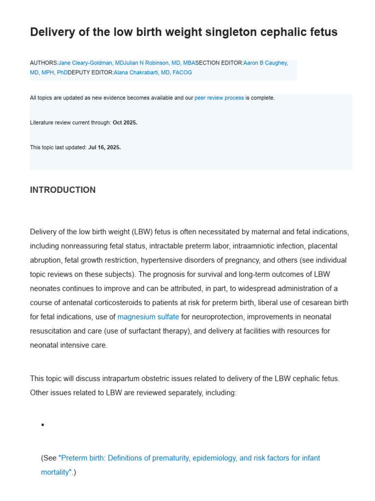 Delivery of The Low Birth Weight Singleton Cephalic Fetus (4444) | PDF ...