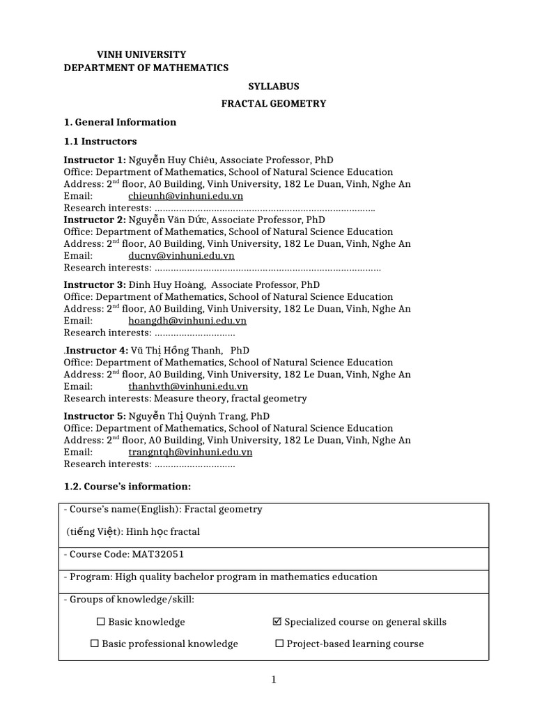 Fractal Geometry Syllabus at Vinh University | PDF | Geometry | Fractal