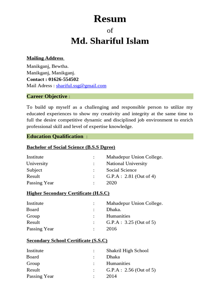 Resum Shariful Islam | PDF