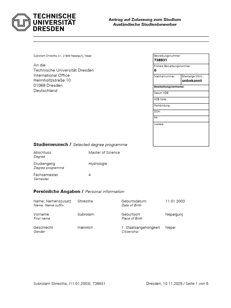 Antrag Auf Zulassung - Application Form | PDF