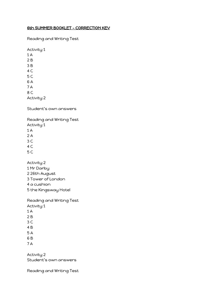 6th Summer Booklet - Correction Key | PDF