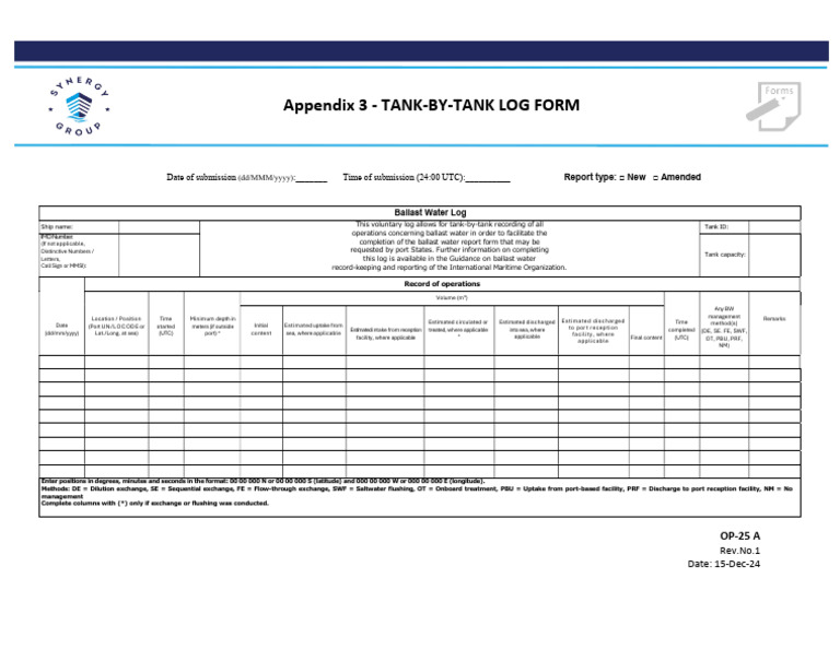 Ballast Water Tank Log Form Template | PDF | Law Of The Sea | Oceans