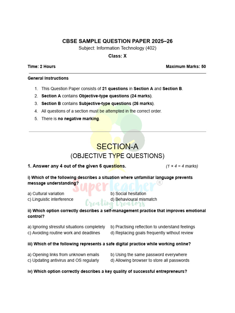 CBSE Class X IT Sample Paper 2025-26 | PDF | Computing