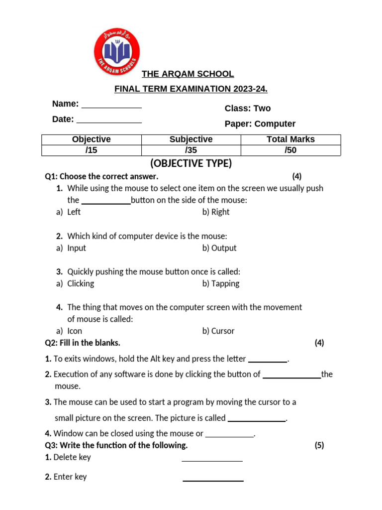 Arqam School Computer Exam 2023-24 | PDF