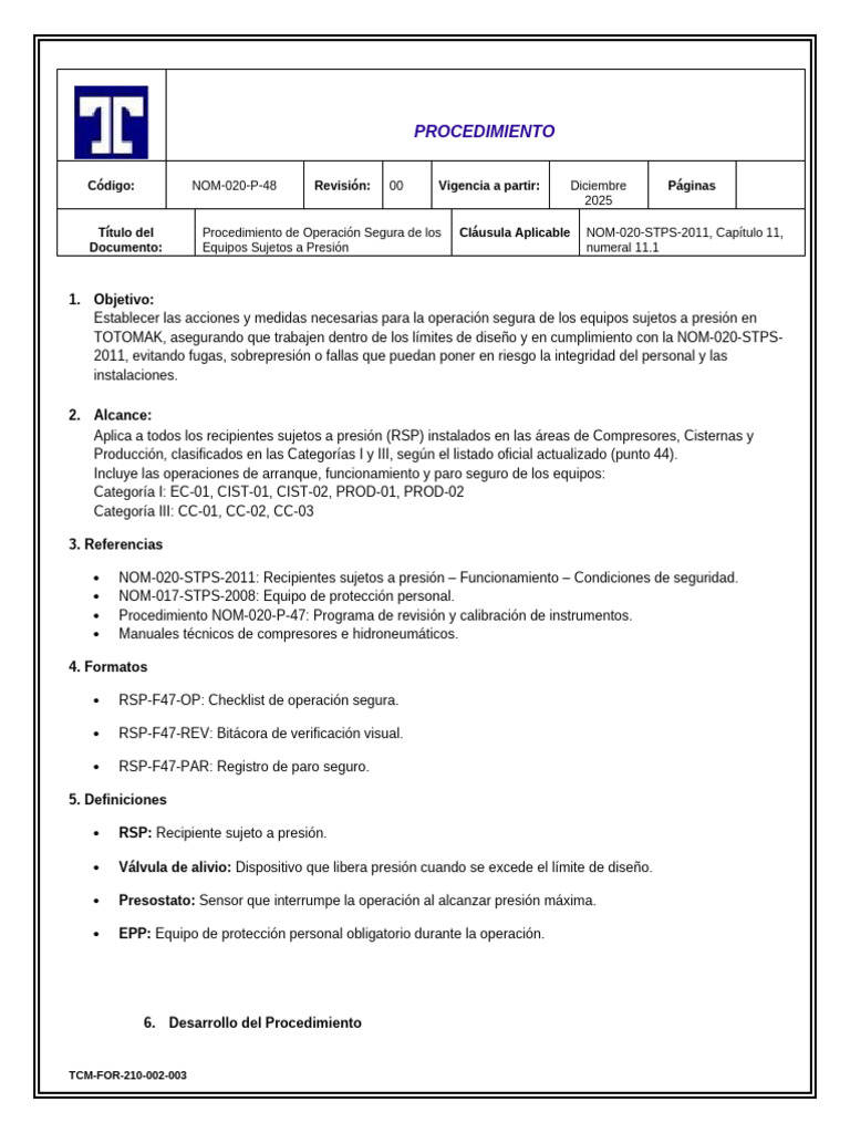TCM For 210 002 003 Formato Procedimiento | PDF