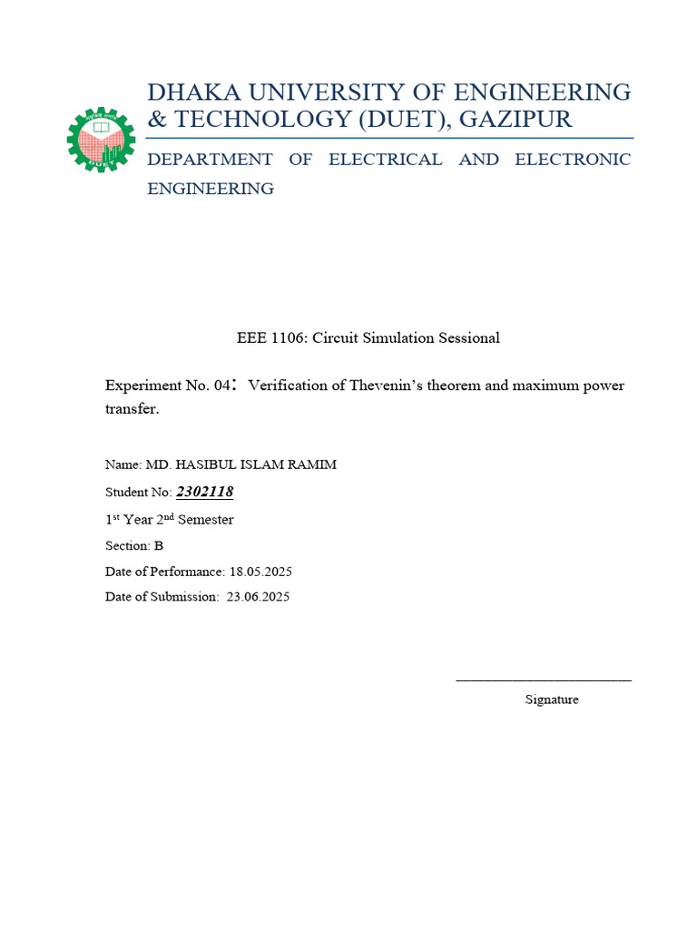 EEE 1106 Report Format 3 (3) | PDF | Electrical Network | Electromagnetism