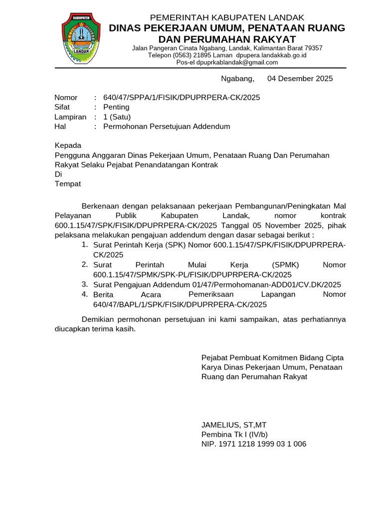 Permohonan Addendum Pembangunan Mal Landak | PDF