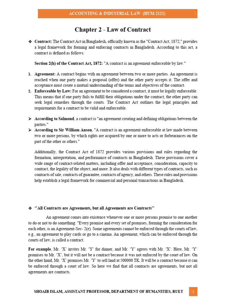 Bangladesh Contract Law Overview | PDF | Consideration | Offer And ...