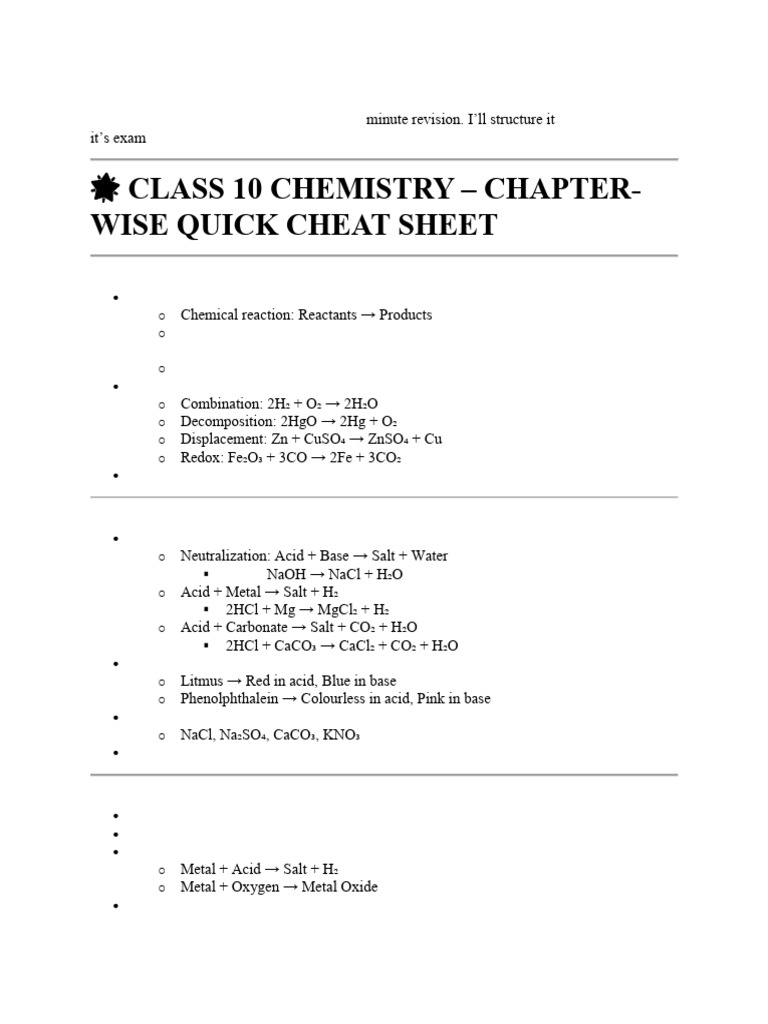 Class 10 Chemistry Revision Guide | PDF | Chemical Reactions ...