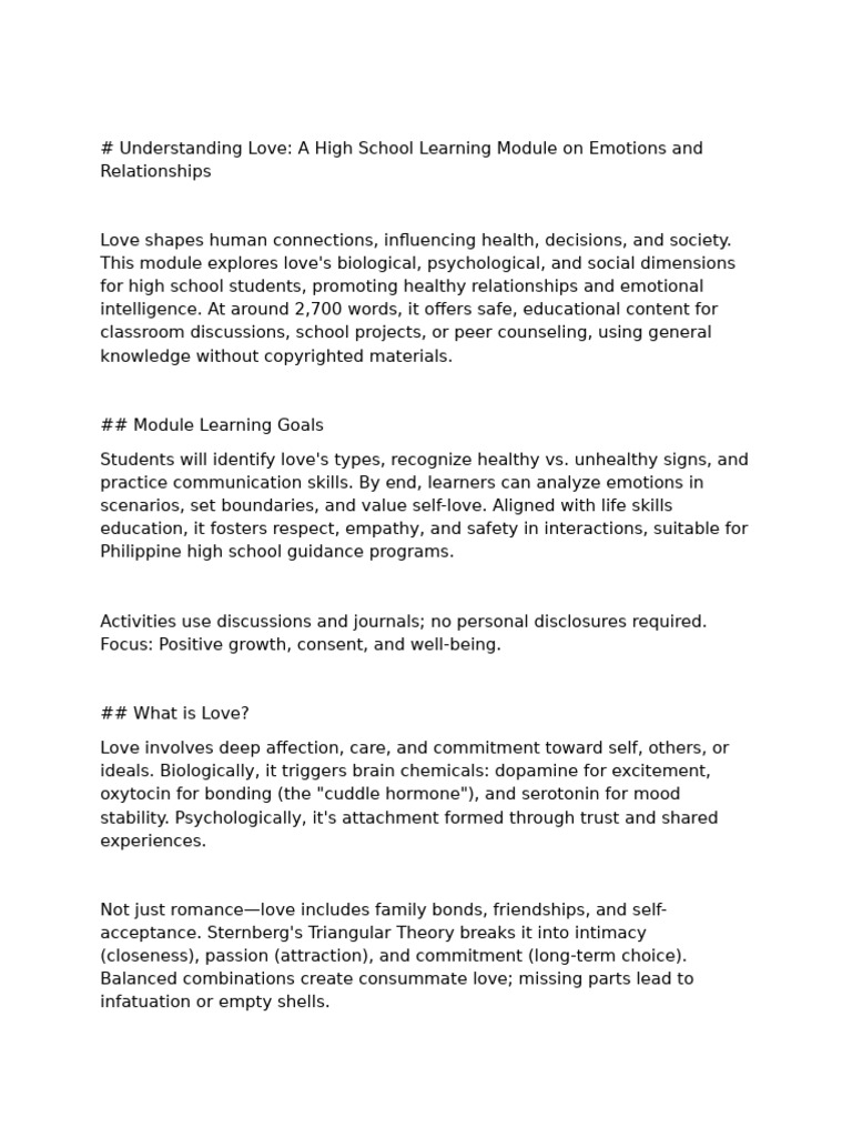 High School Module on Love and Relationships | PDF | Love | Romance (Love)