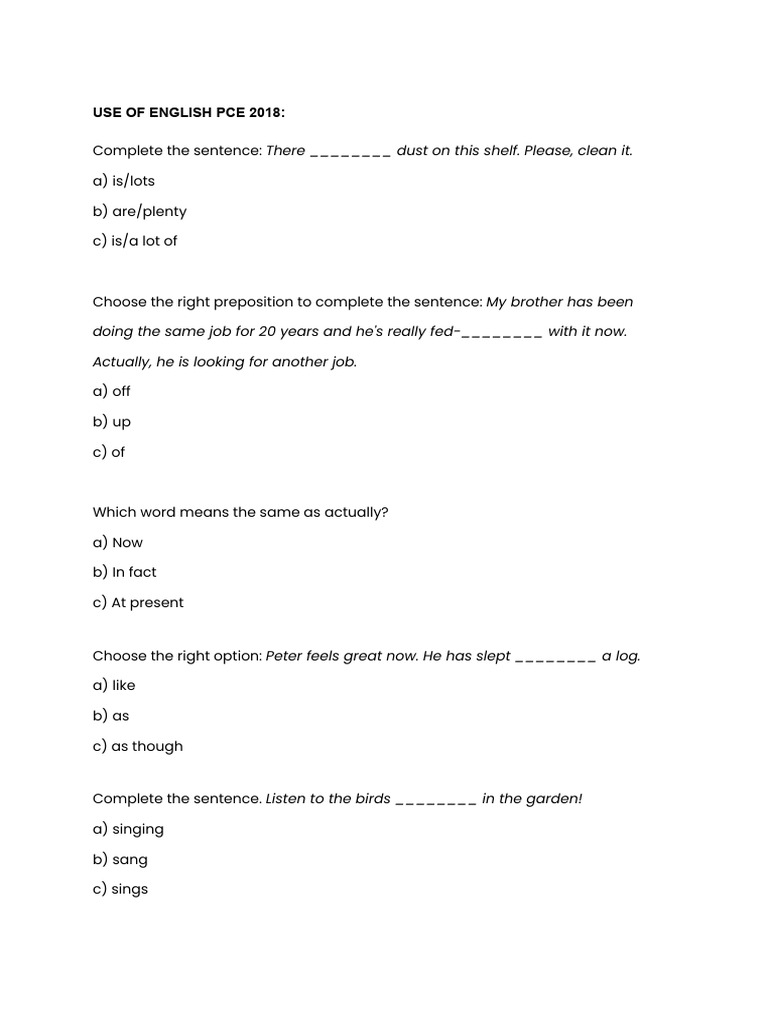 English PCE 2018 Practice Questions | PDF