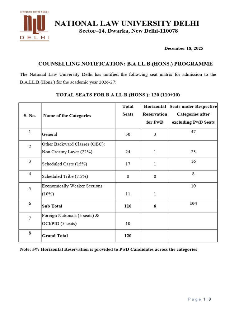 Counselling Notification B.a.ll.B.hons 2026 | PDF