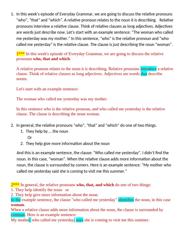 Understanding Relative Pronouns: Who, That, Which | PDF | Pronoun | Clause
