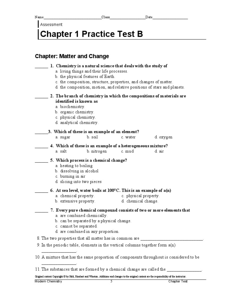 Chapter 1 Practice Test B Pdf Chemical Elements Mixture