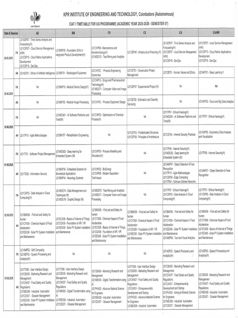 Ciat I Ug Timetable Vii Semester Nov Dec 2025 | PDF