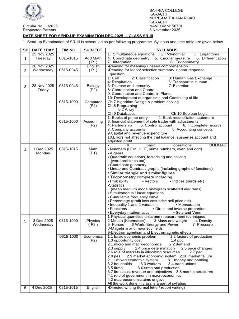 SR-III Send-Up Exam Date Sheet 2025 | PDF | Equations | Mathematics