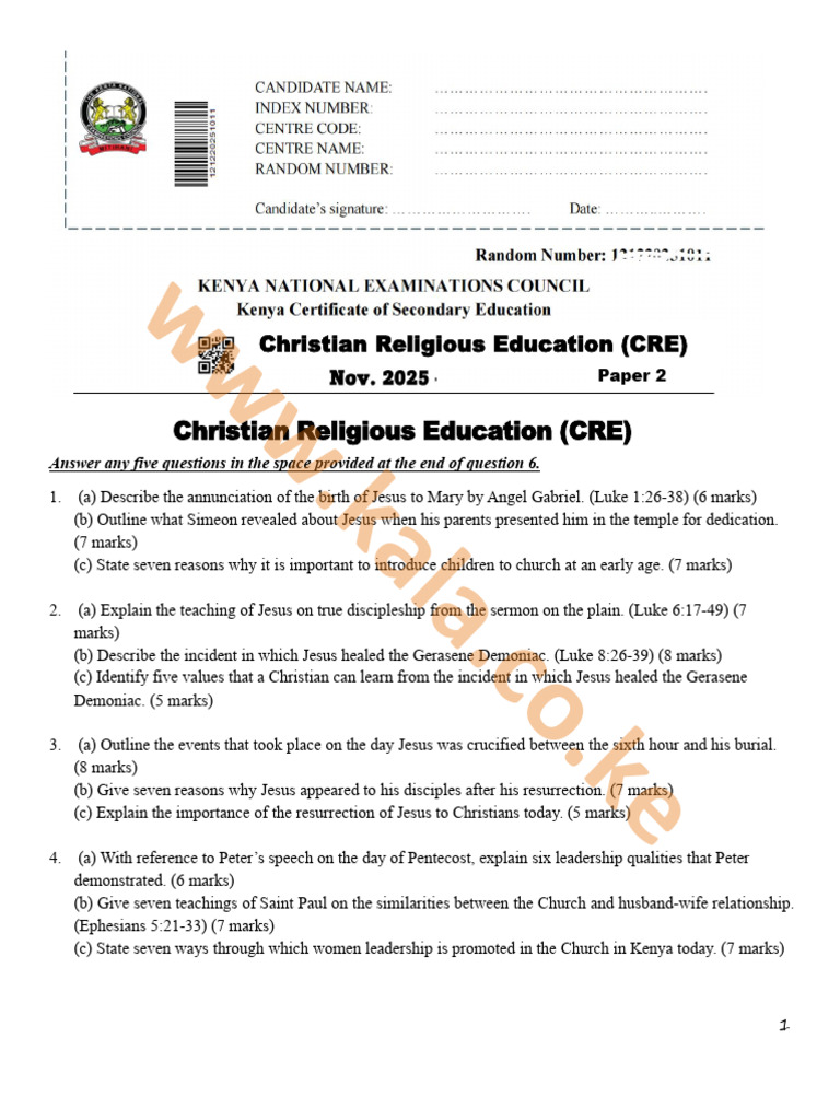 Kcse 2025 Cre Paper 2 Question Paper | PDF | Jesus | Disciple ...