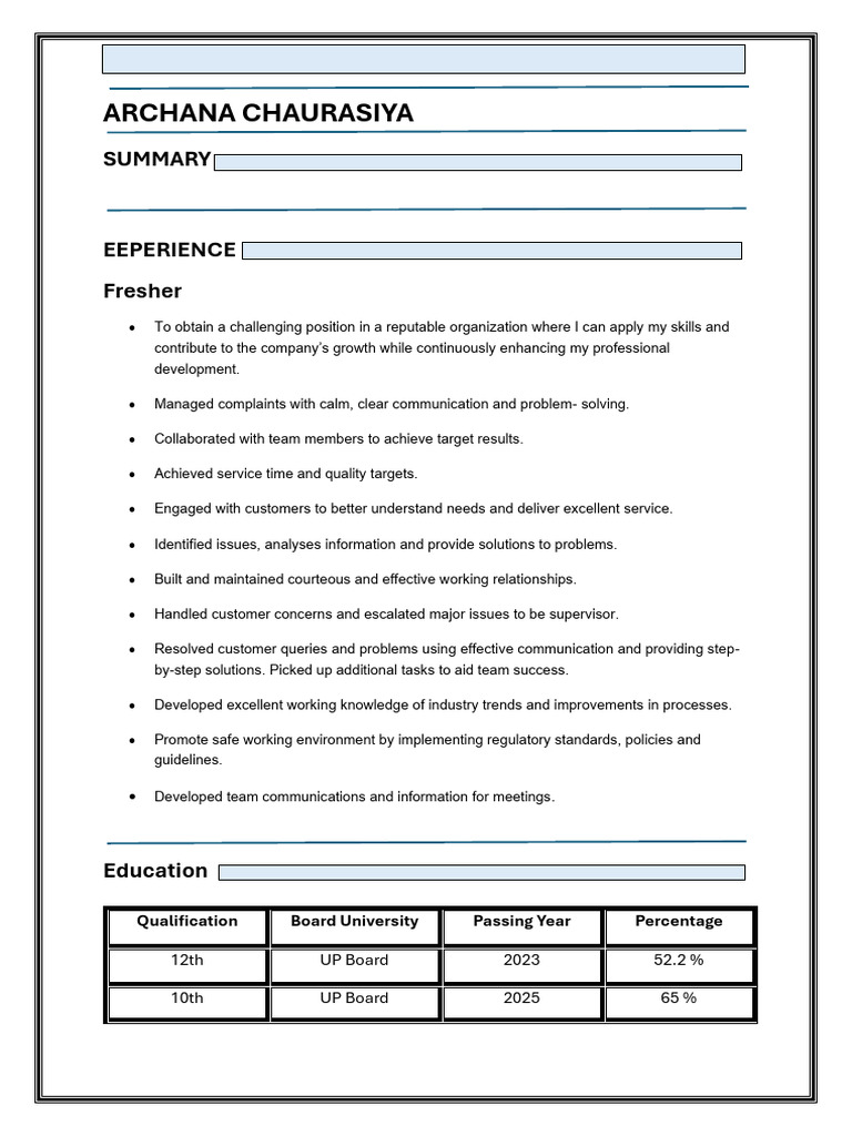 Archana Chaurasiya: Fresh Graduate Resume | PDF