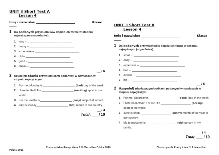 Brainy Kl5 Short Tests Unit 3 Lesson 4 | PDF