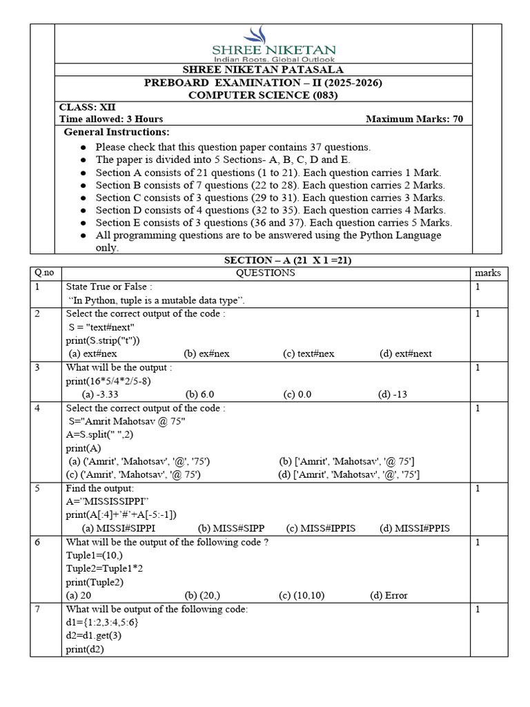 Grade 12 - Pre-Board 2 - CS (Set 1) QP | PDF | Table (Database) | Computing