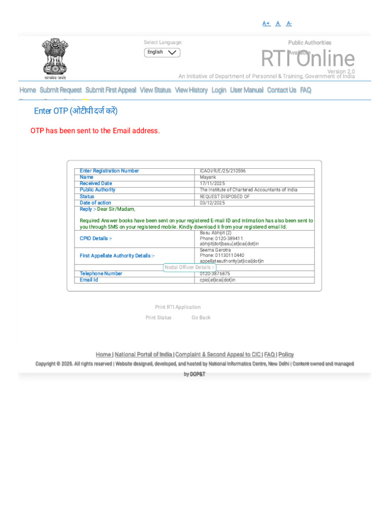 RTI Status: Request Disposed of Notification | PDF | Telecommunications ...