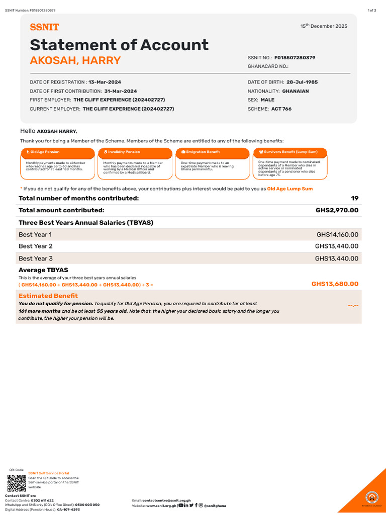SSNIT Account Statement for Akosah Harry | PDF | Qr Code | Salary