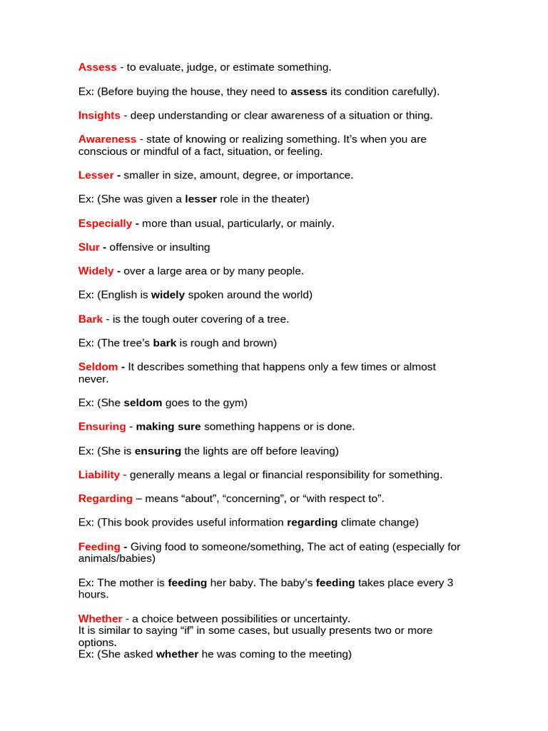 Key Vocabulary Definitions and Examples | PDF