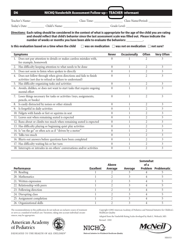 Teacher Follow-Up ADHD Assessment Form | PDF | Attention Deficit ...