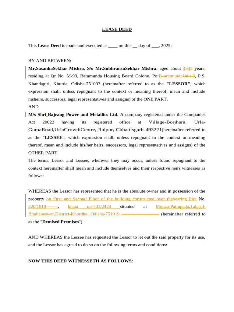 Lease Deed for Property in Bhubaneswar | PDF | Lease | Private Law