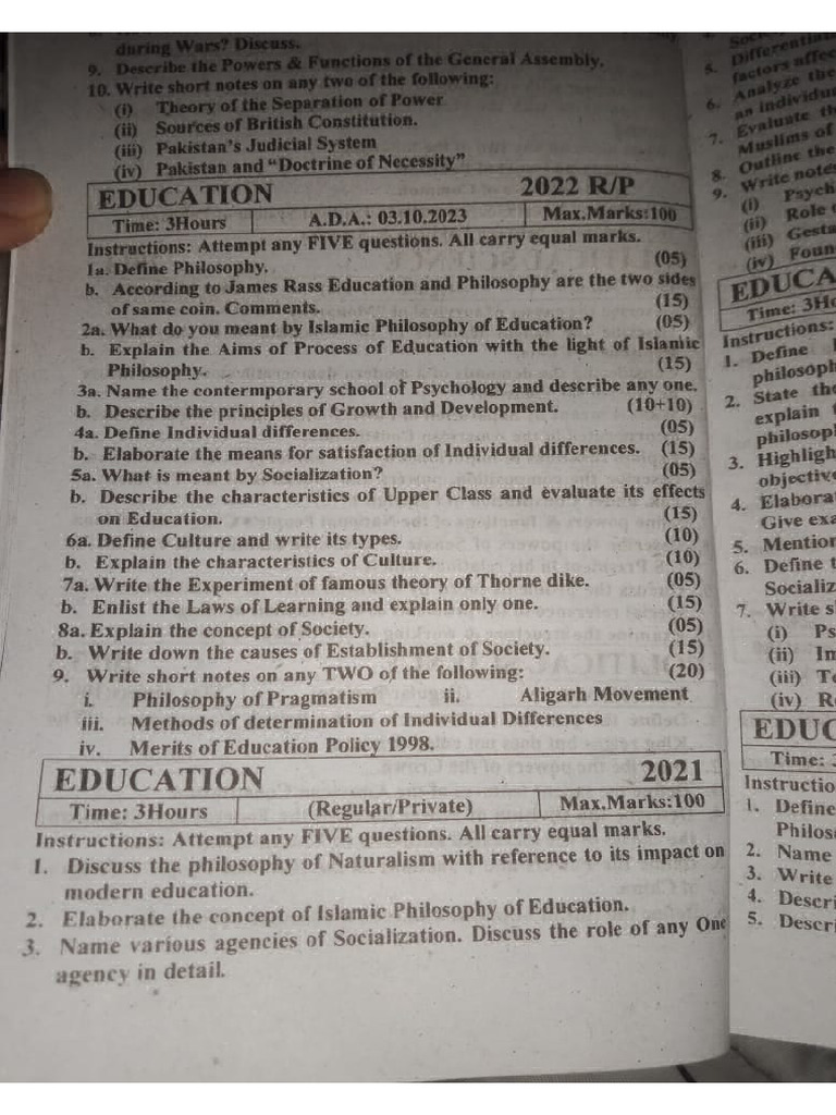 ADA BA Part 2 Education Past Papers | PDF