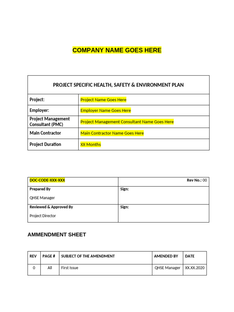 Project Health, Safety & Environment Plan | PDF | Occupational Safety ...