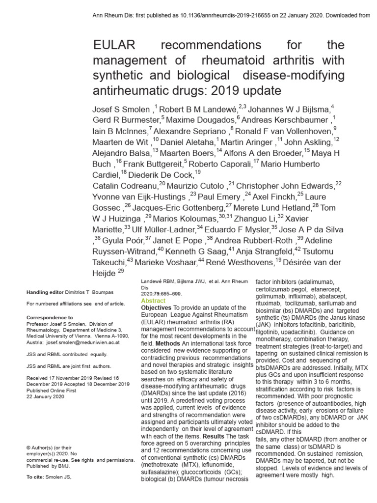 EULAR Recommendations For The Management of Rheumatoid Arthritis With ...