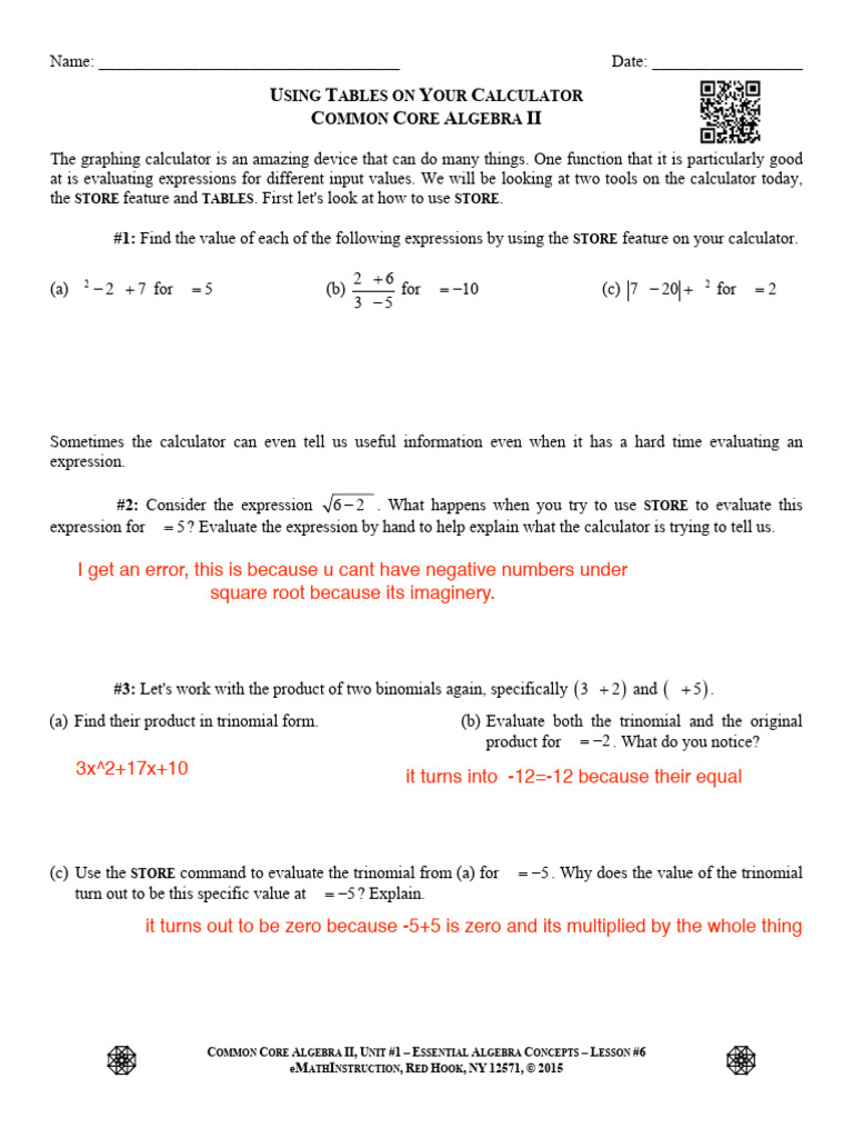 Using Calculator Tables in Algebra II | PDF | Algebra | Equations