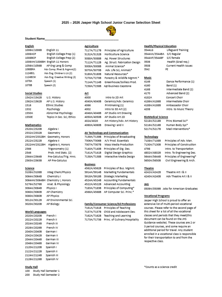Jasper High School Junior Course Selection | PDF | Welding | Construction