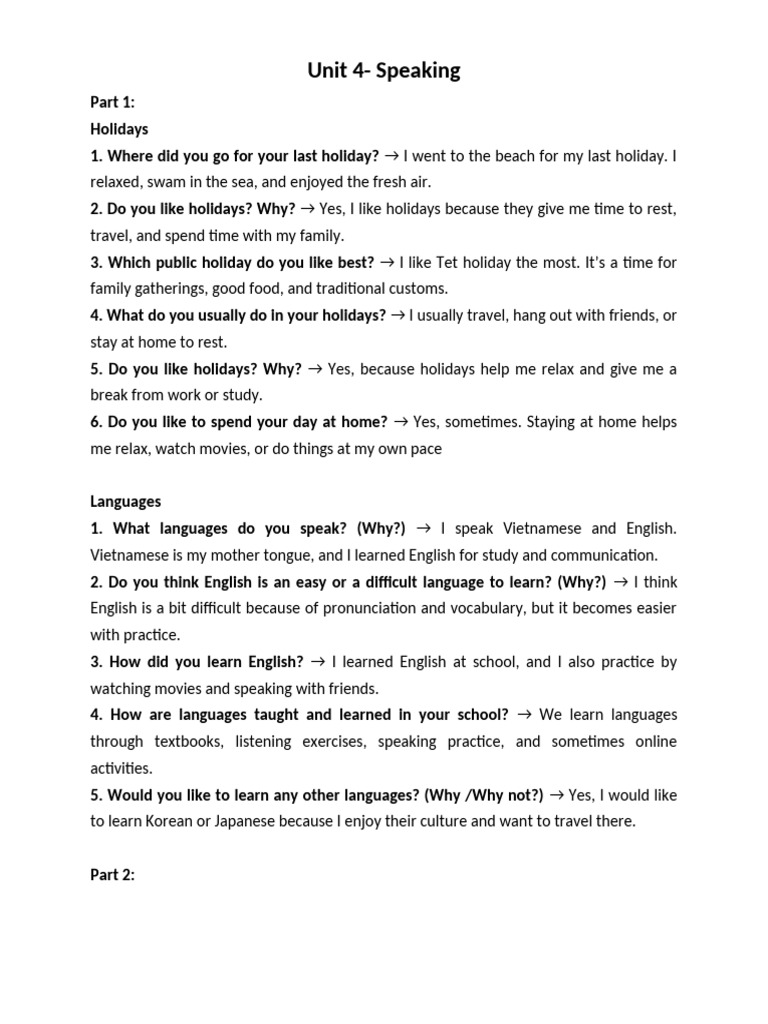 Unit 4 - Speaking EB1+ | PDF