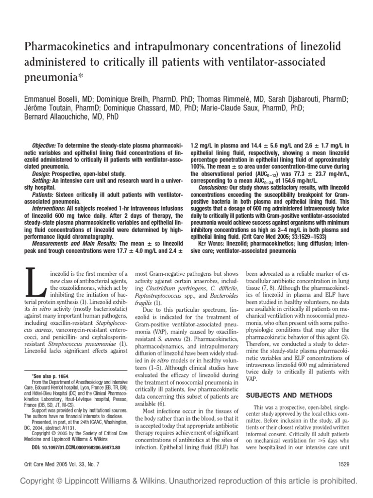 PK & Intrapulmonary Diffusion of Linezolid - Boselli - CCM 2005 | PDF ...