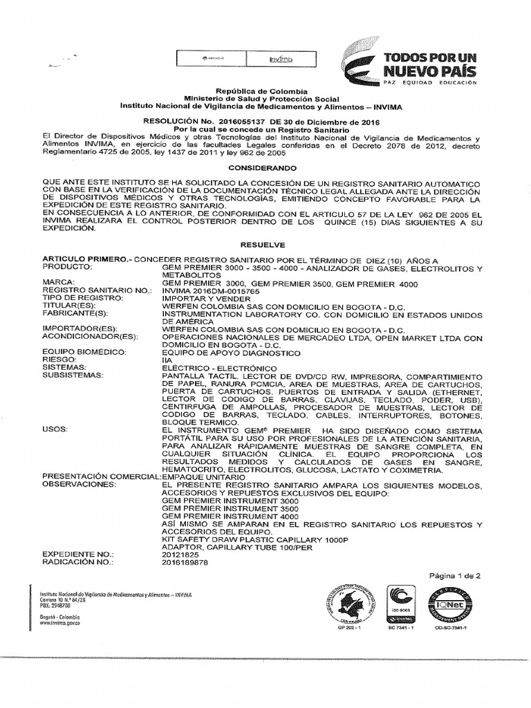 Registro Invima - Gem Premier | PDF