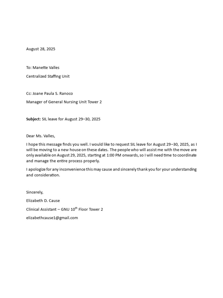 SIL Leave Request for August 2025 | PDF