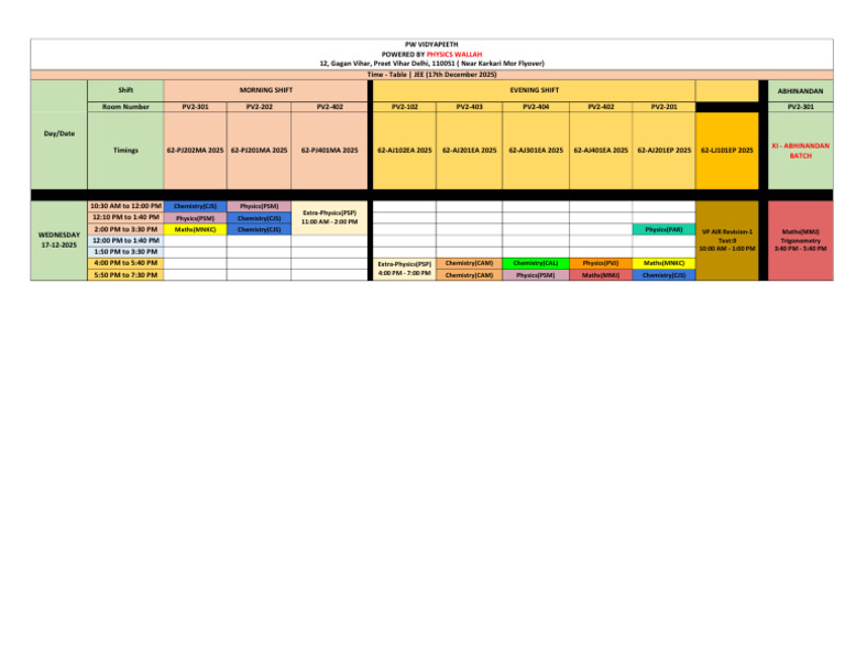 JEE Time Table for December 17, 2025 | PDF