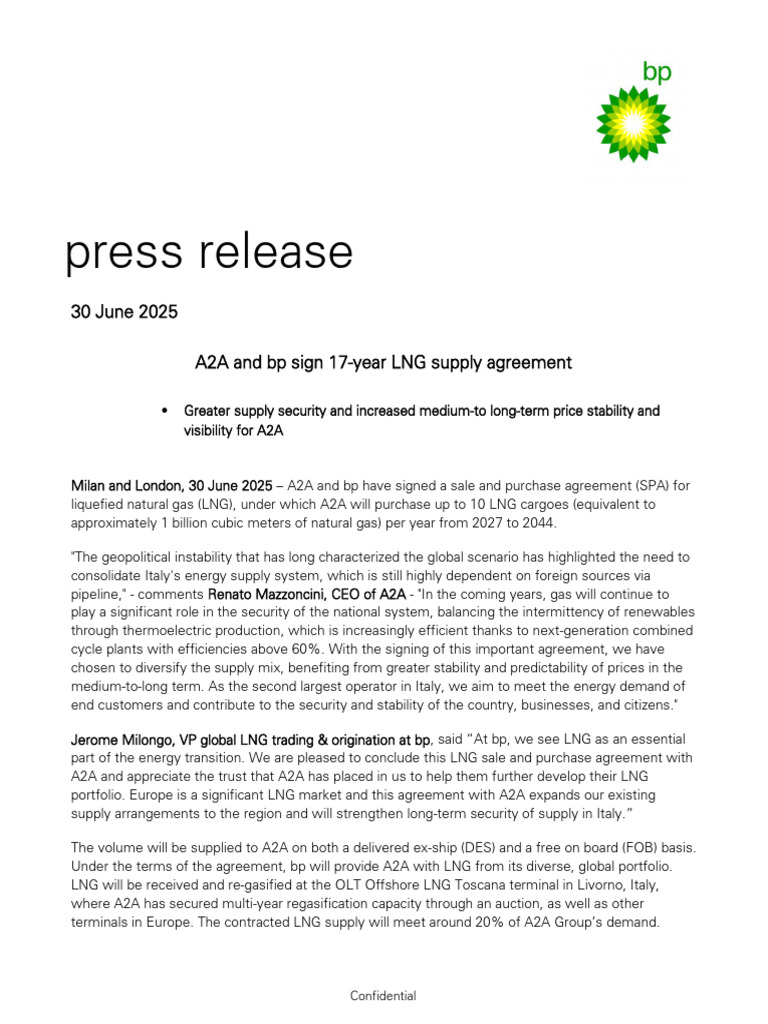a2a and Bp Sign 17 Year Lng Supply Agreement Press Release | PDF ...