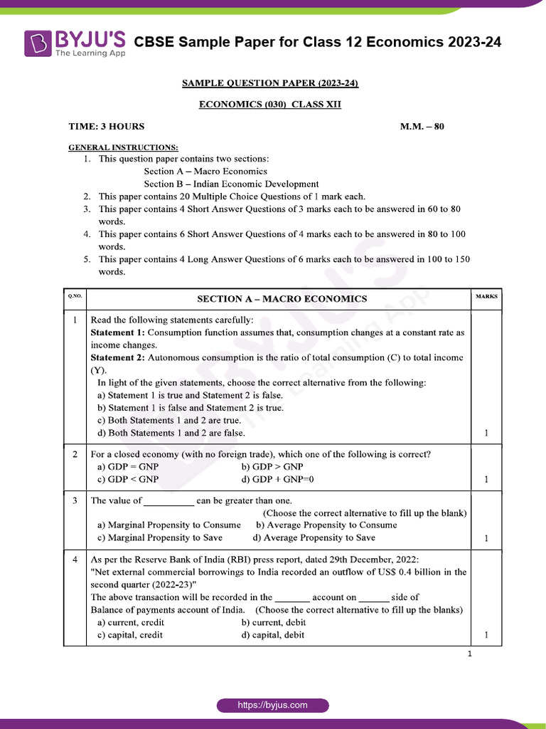 CBSE Class 12 Economics Sample Paper | PDF
