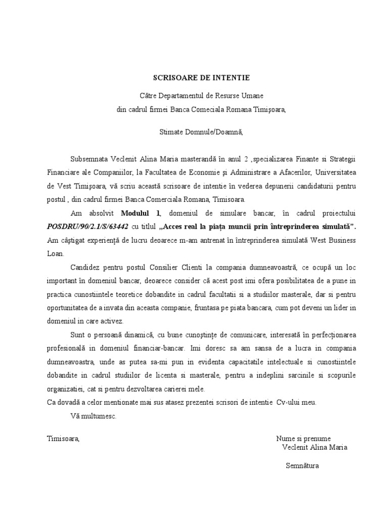 Scrisoare Intentie Model