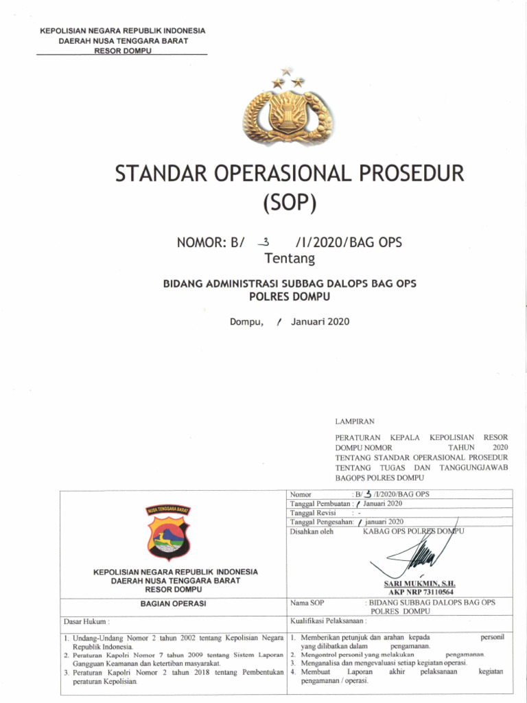Sop Bidang Administrasi Subbag Dalops Bag Ops | PDF