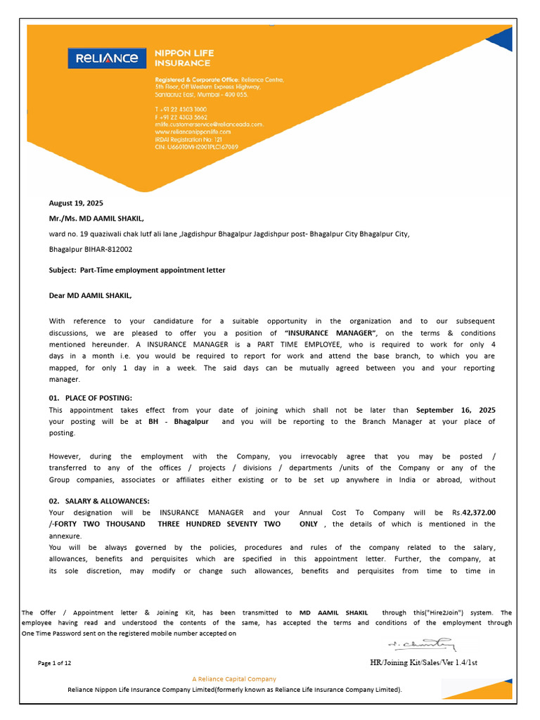 Part-Time Insurance Manager Offer Letter | PDF | Employment | Patent