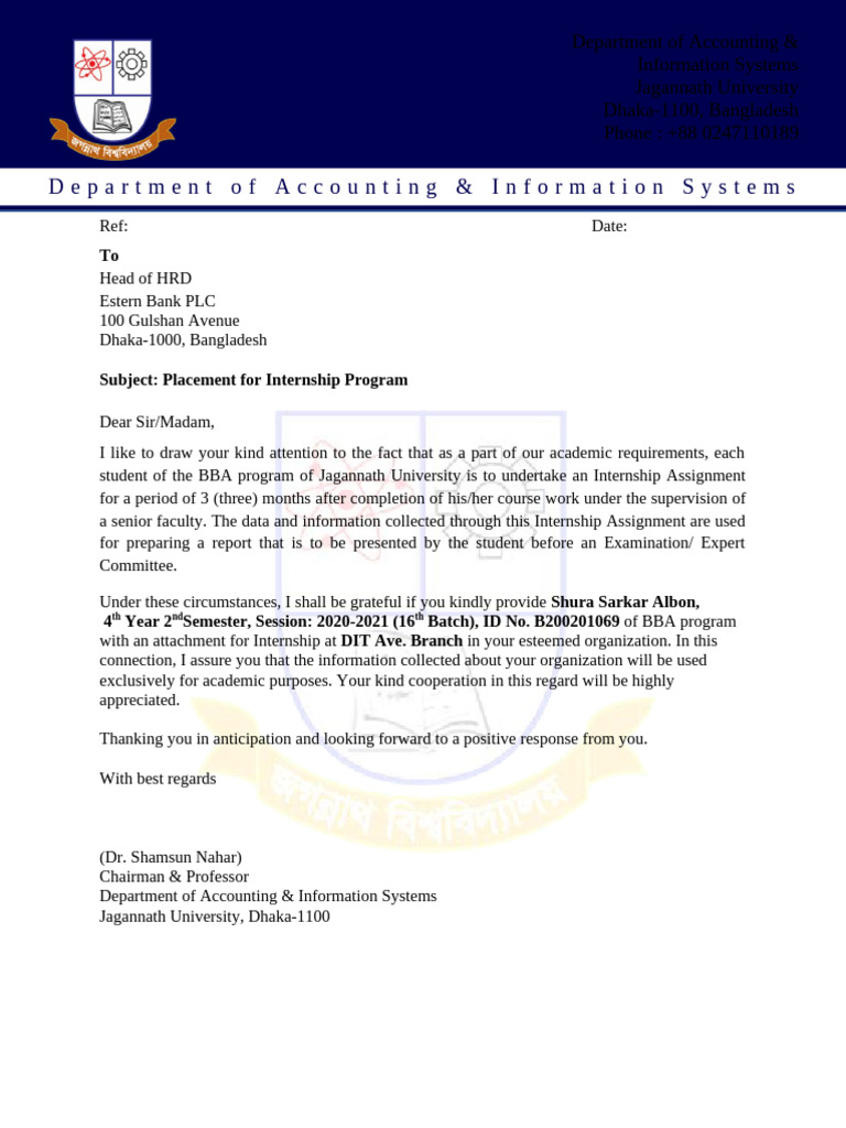 Internship Placement Request Letter | PDF